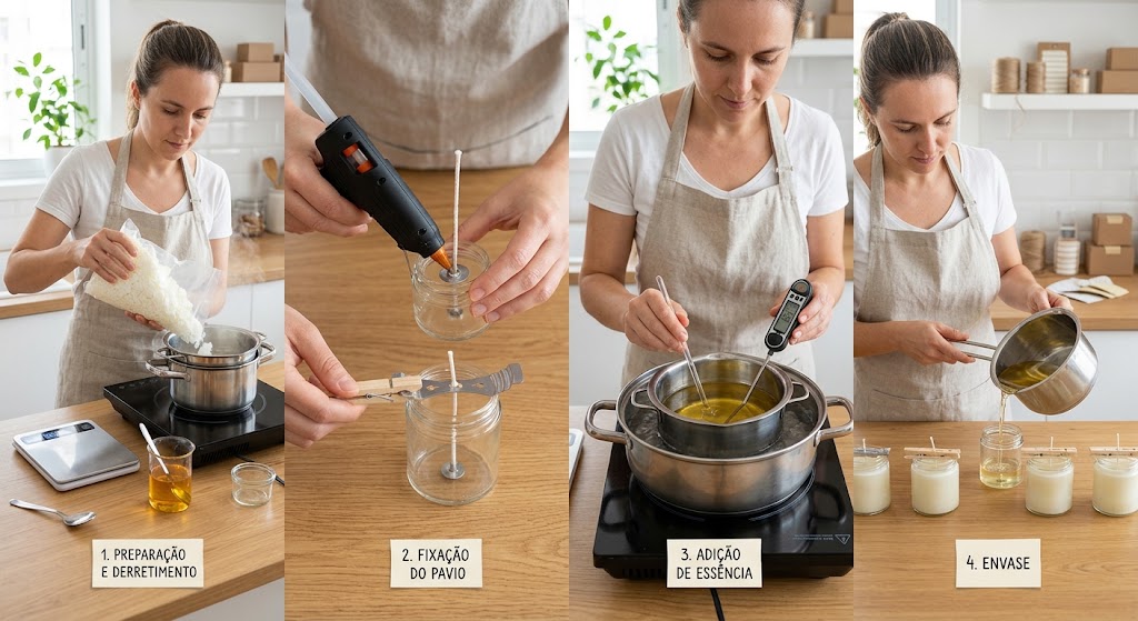 Como fazer vela aromática de cera de soja em recipiente de vidro sobre bancada